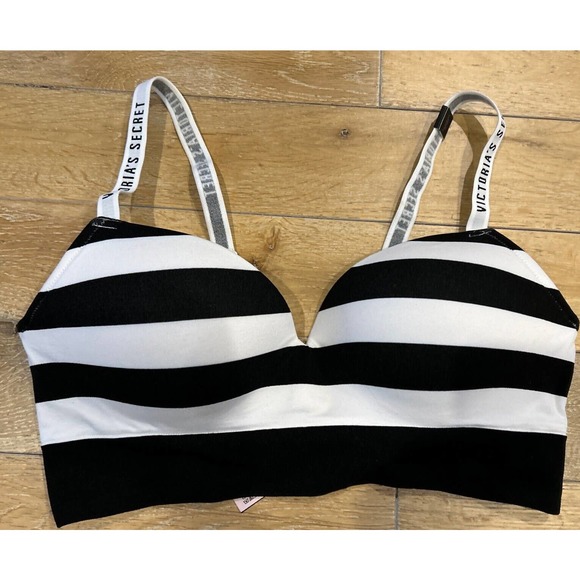 Victoria's Secret padded T-shirt Style BRA Wireless Sz L Black and White Stripe - Picture 2 of 12